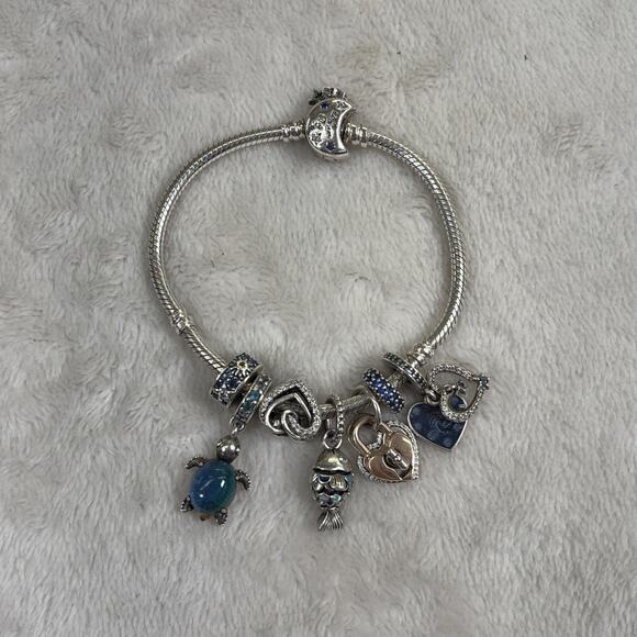 PANDORA Moments Snake Chain 6.25” Sterling Silver Bracelet with 8/Charms Charity - Picture 4 of 6